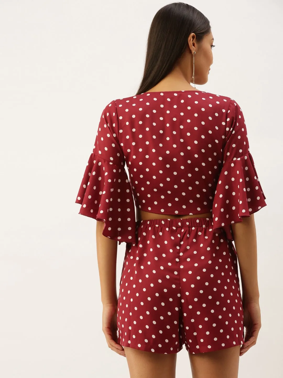 Berrylush Women Red Polka Dot Self-Tie Crop Top & Shorts Set