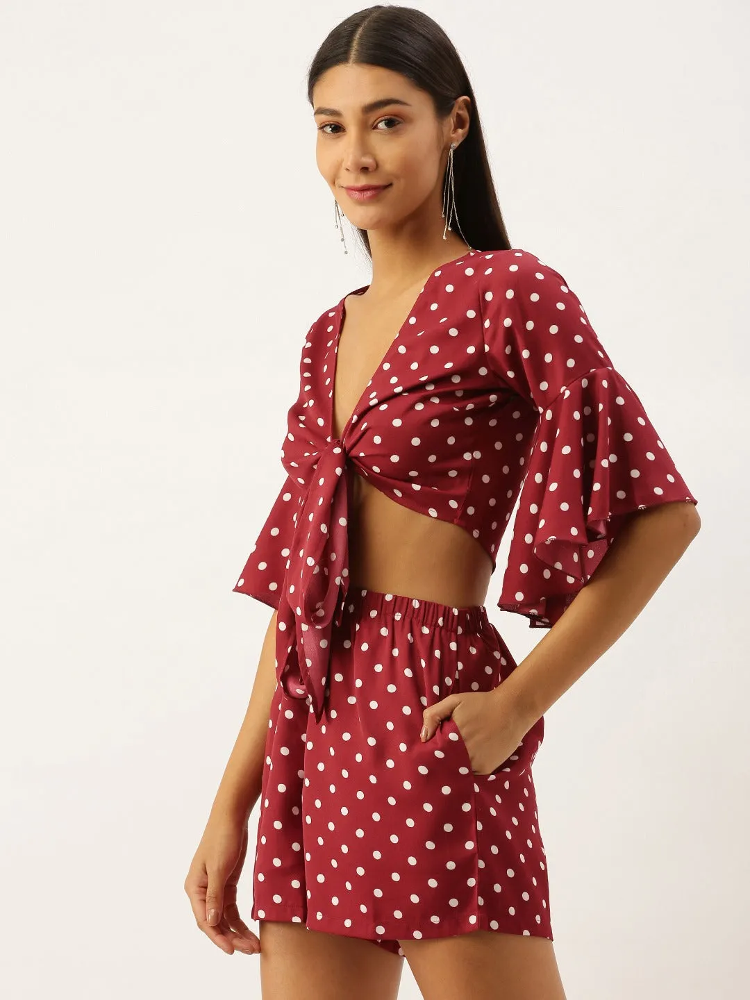 Berrylush Women Red Polka Dot Self-Tie Crop Top & Shorts Set