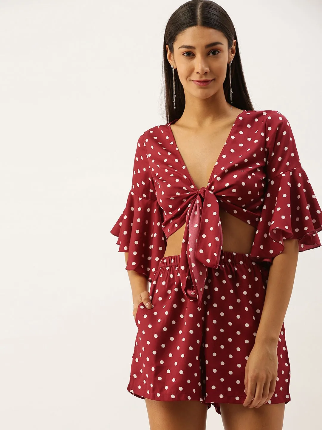Berrylush Women Red Polka Dot Self-Tie Crop Top & Shorts Set