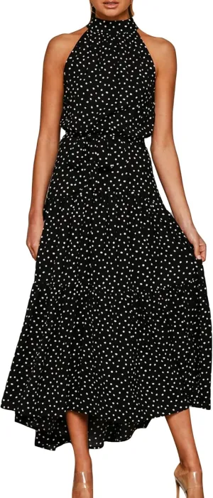 BOFETA Women's Halter Neck Boho Floral Sundress Sleeveless Back Zipper Beach Dress with Belt