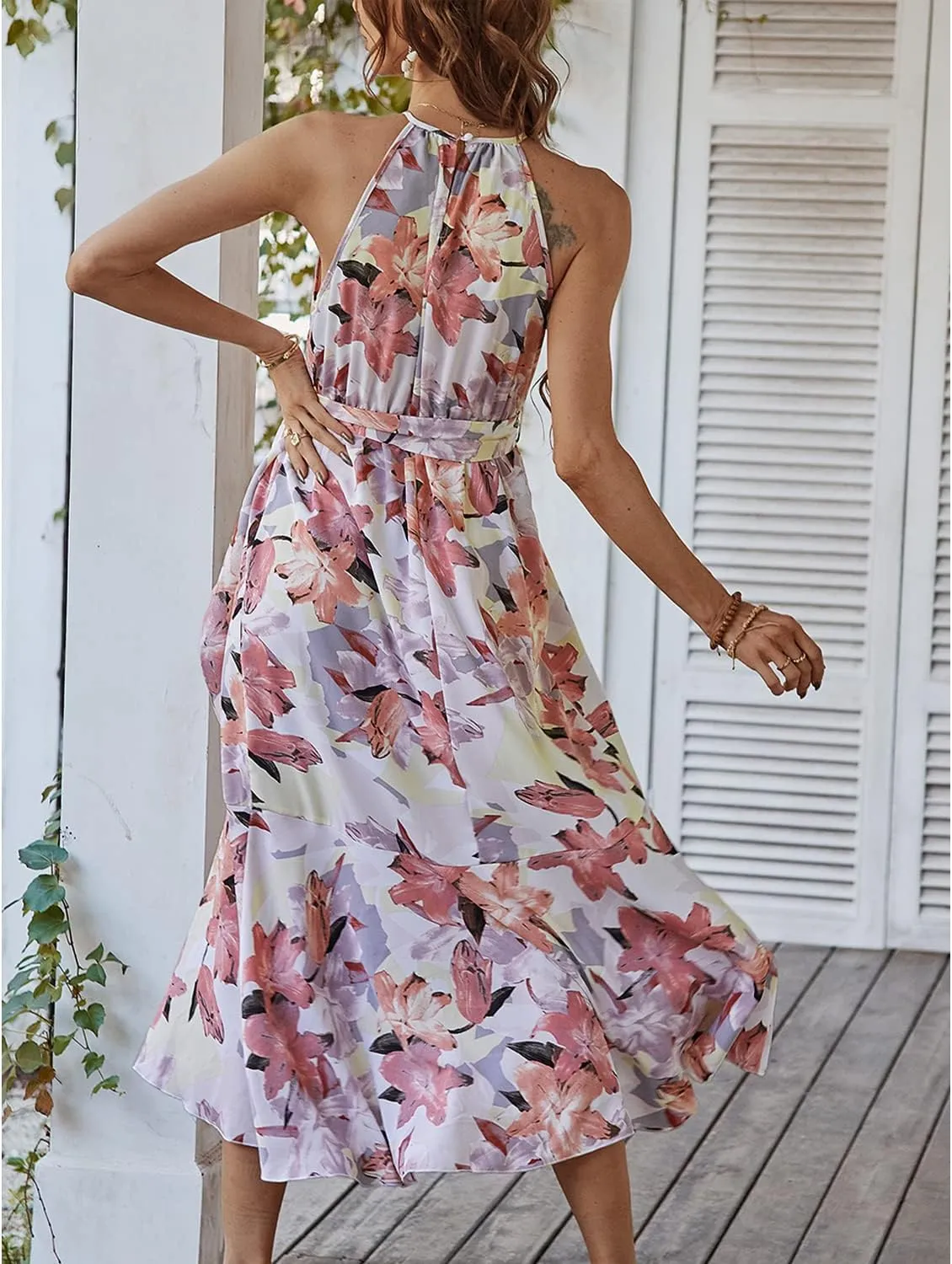 BROVAVE Women's Summer Casual Boho Polka Dot Sundress Halter Neck Flowy Midi Dresses