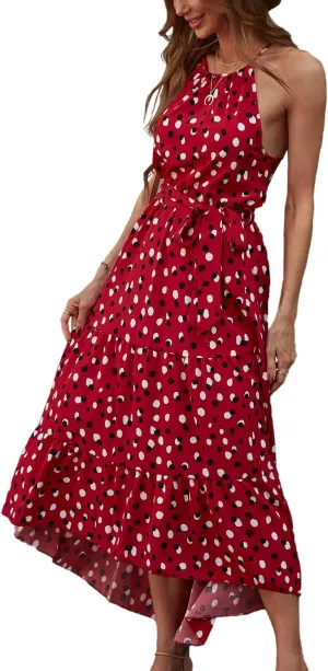 BROVAVE Women's Summer Casual Boho Polka Dot Sundress Halter Neck Flowy Midi Dresses
