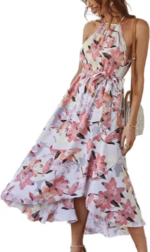 BROVAVE Women's Summer Casual Boho Polka Dot Sundress Halter Neck Flowy Midi Dresses