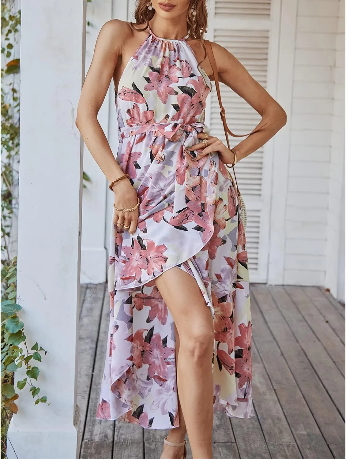 BROVAVE Women's Summer Casual Boho Polka Dot Sundress Halter Neck Flowy Midi Dresses