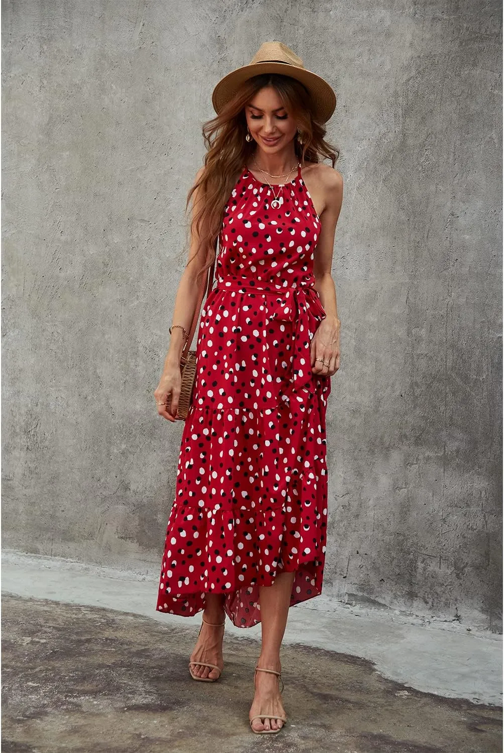 BROVAVE Women's Summer Casual Boho Polka Dot Sundress Halter Neck Flowy Midi Dresses