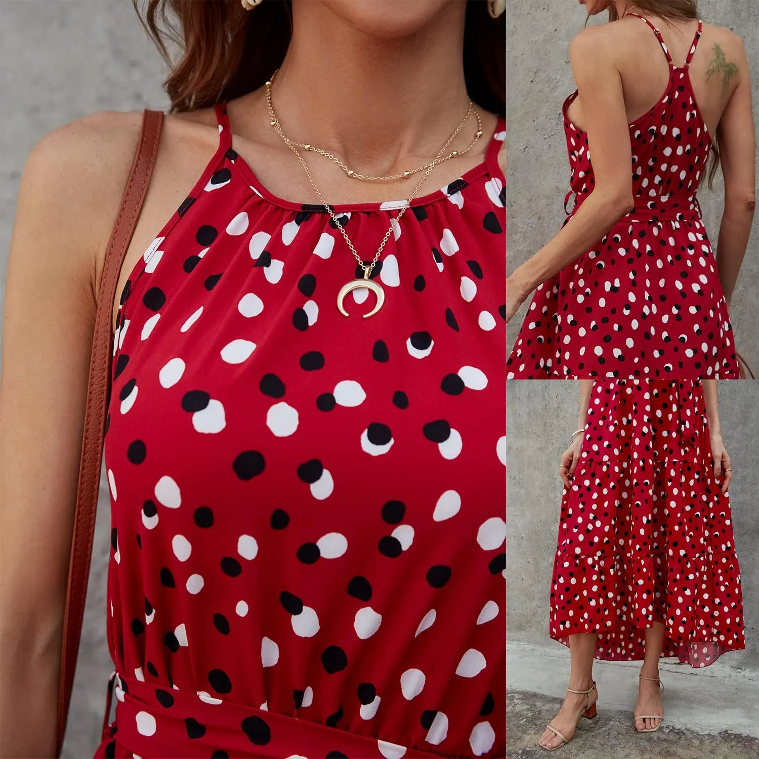 BROVAVE Women's Summer Casual Boho Polka Dot Sundress Halter Neck Flowy Midi Dresses