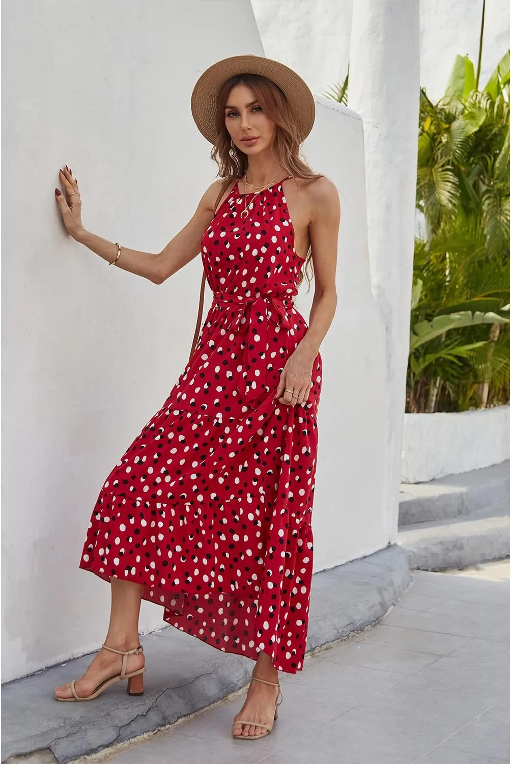 BROVAVE Women's Summer Casual Boho Polka Dot Sundress Halter Neck Flowy Midi Dresses