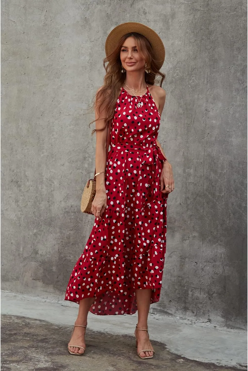 BROVAVE Women's Summer Casual Boho Polka Dot Sundress Halter Neck Flowy Midi Dresses