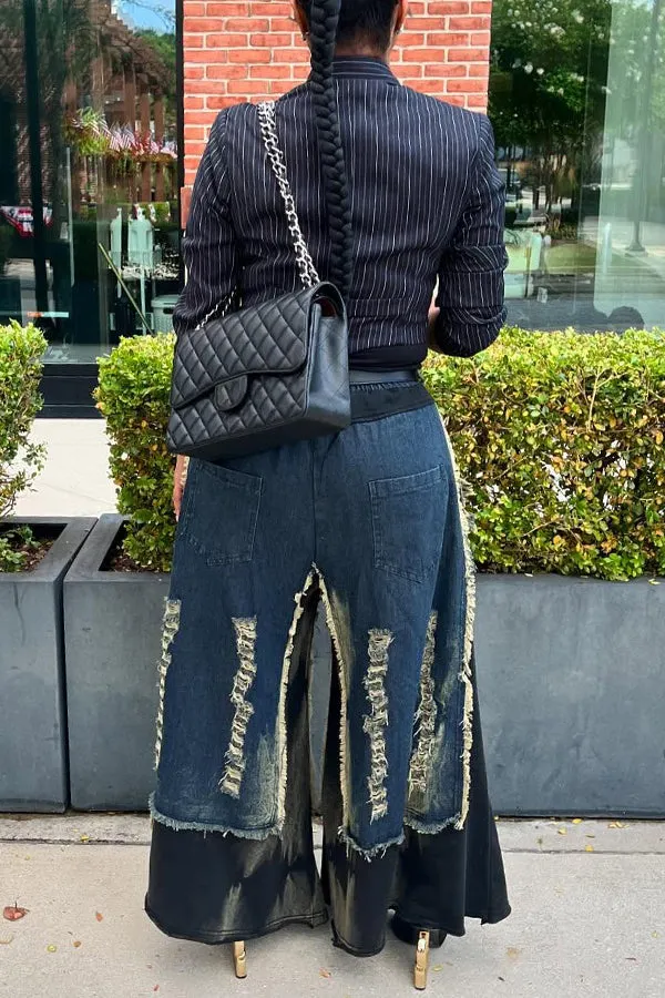 Casual Colorblock Ripped Wide Leg Jeans