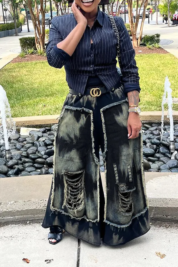 Casual Colorblock Ripped Wide Leg Jeans