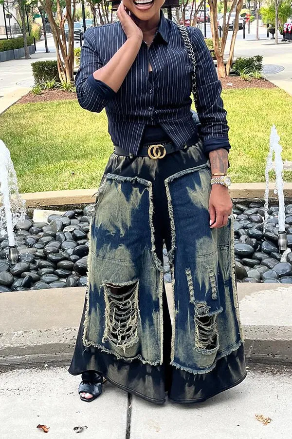 Casual Colorblock Ripped Wide Leg Jeans