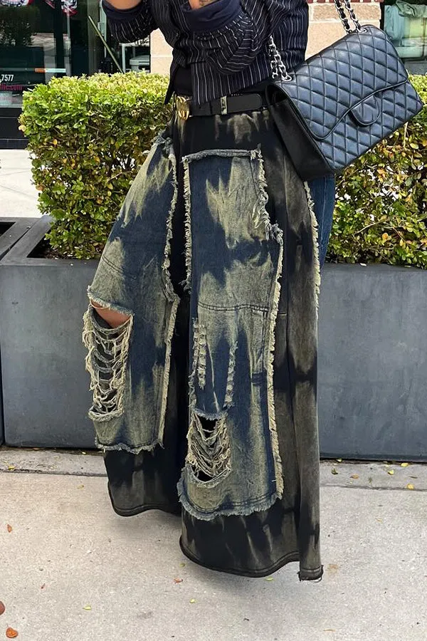 Casual Colorblock Ripped Wide Leg Jeans