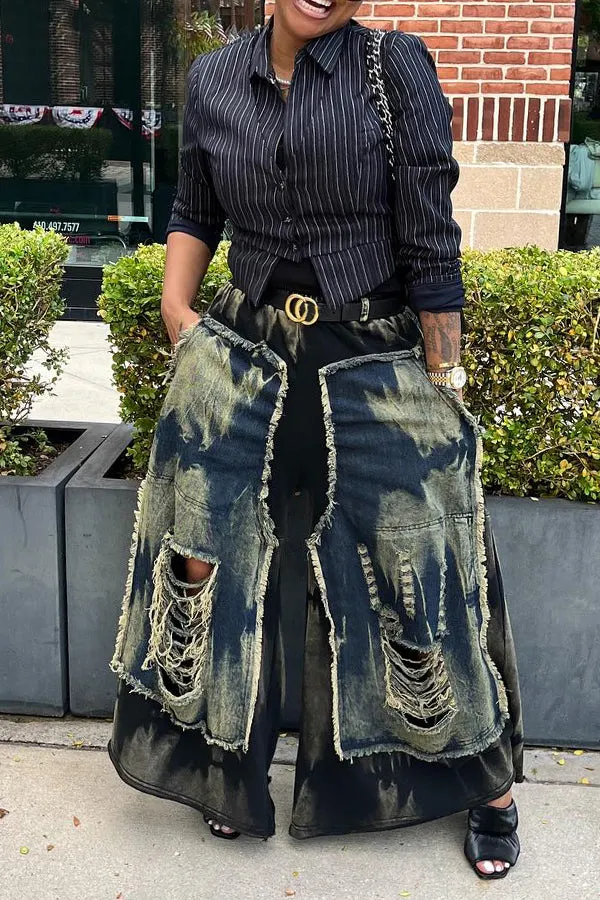 Casual Colorblock Ripped Wide Leg Jeans