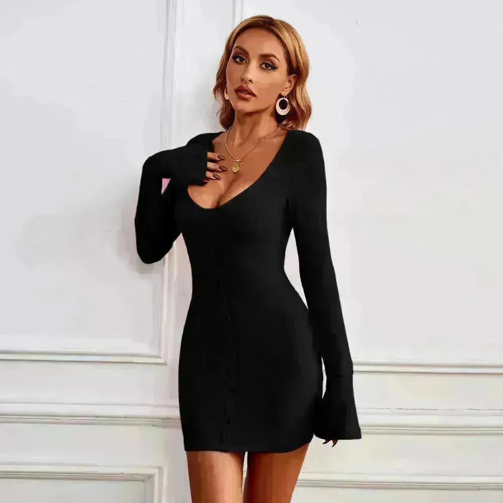 Chic Ladies Bodycon U-neck Long-sleeved Dress Charming Slim Hip-hugging Short Mini  Dresses  for Women