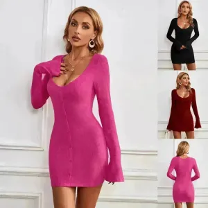 Chic Ladies Bodycon U-neck Long-sleeved Dress Charming Slim Hip-hugging Short Mini  Dresses  for Women