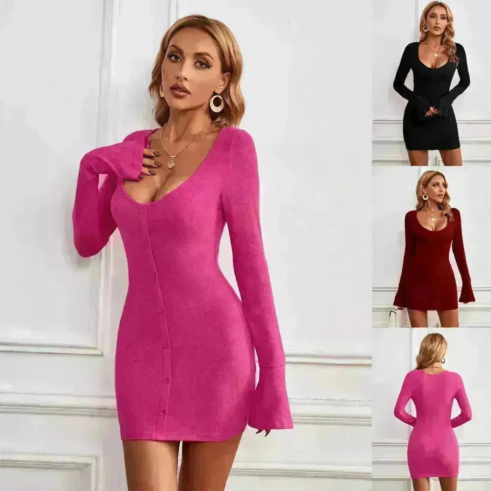 Chic Ladies Bodycon U-neck Long-sleeved Dress Charming Slim Hip-hugging Short Mini  Dresses  for Women