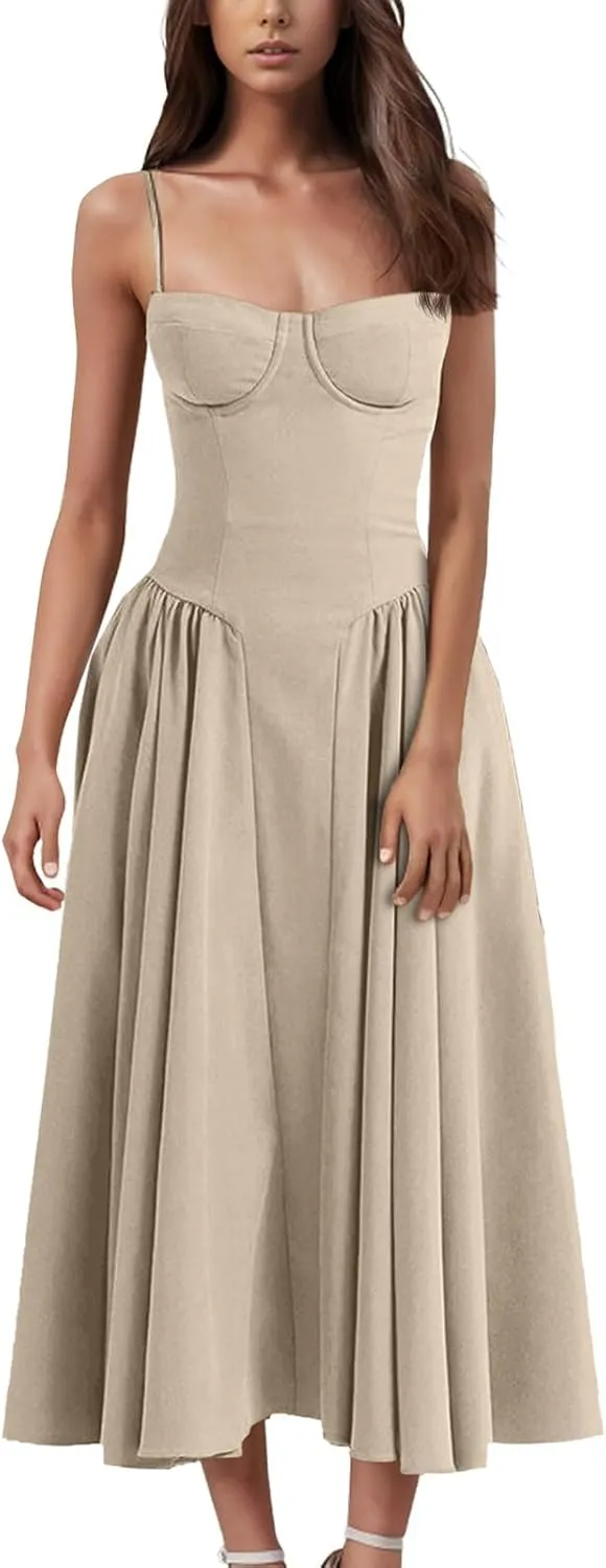 Corset Dress for Women Formal Elegant Spaghetti Strap Bustier Dress Floral Pleated Hem Cocktail Dress with Pockets