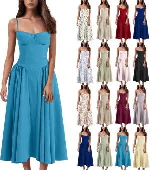 Corset Dress for Women Formal Elegant Spaghetti Strap Bustier Dress Floral Pleated Hem Cocktail Dress with Pockets