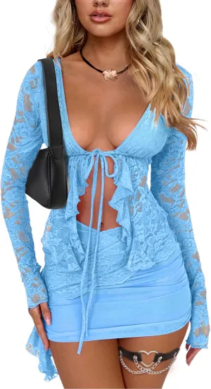 CSDAJIO 2 Piece Outfits for Women Floral Lace Open Front Tie Up Long Sleeve Crop Top Blouse Shirt and Mini Skirt Set