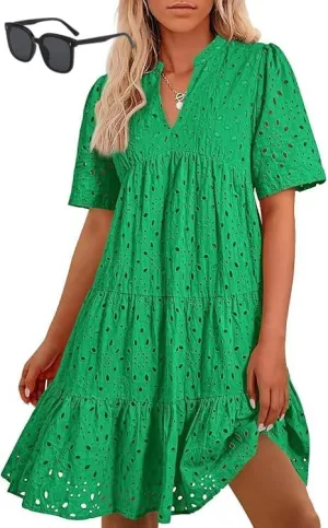 Eyelet Dress for Women 2025, Women's Elegant Hollow Out Lace Ruffle Casual Mini Dress, Summer Ruffle Hem Floral Lace Dresses