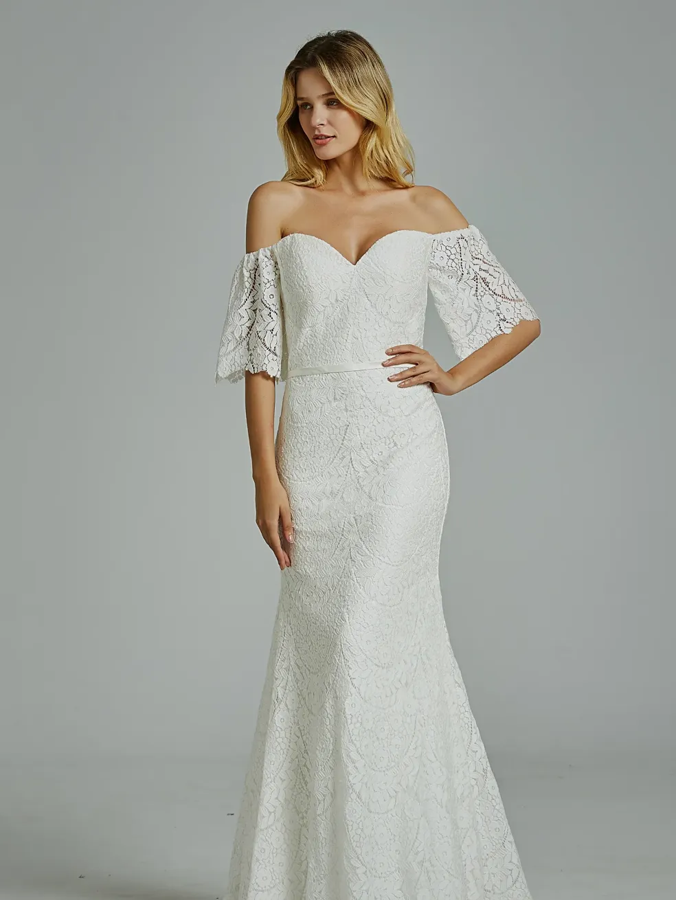 Floral Lace Off-The-Shoulder Sheath Wedding Dress
