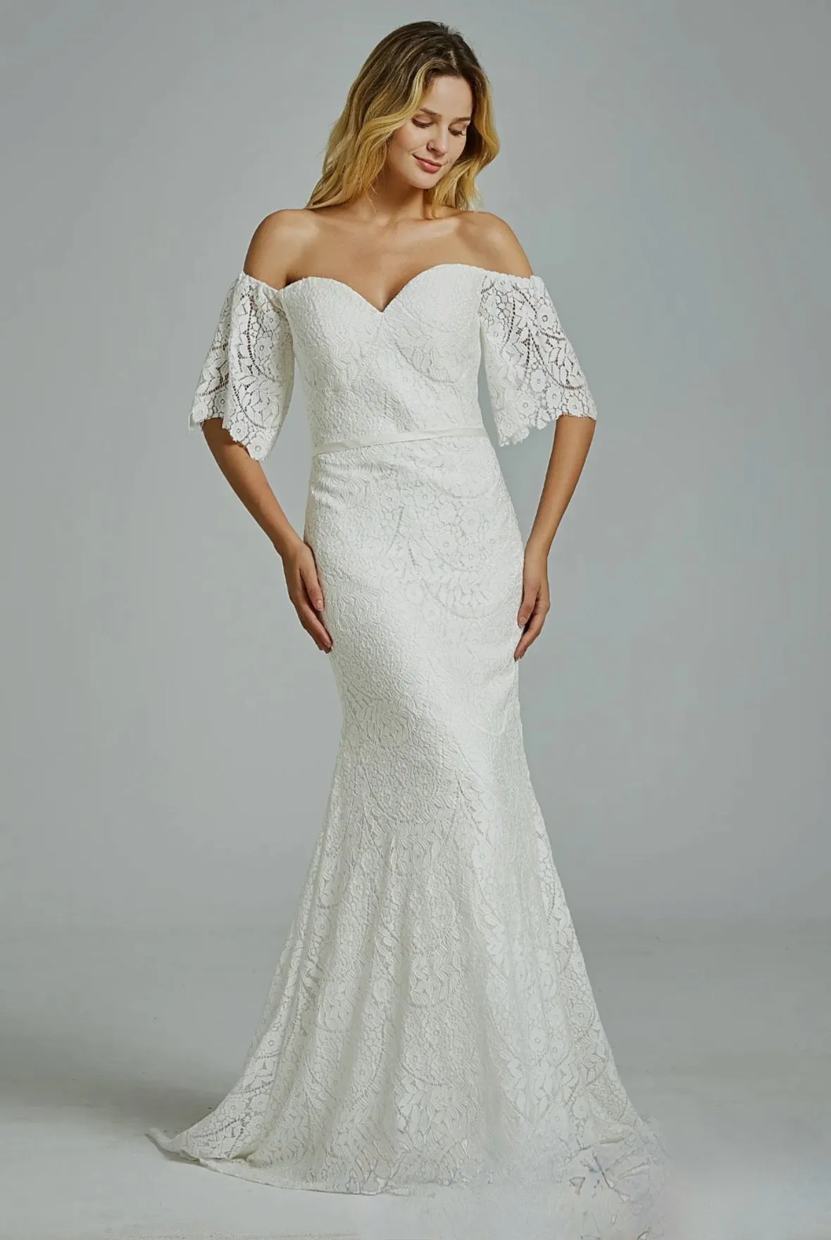 Floral Lace Off-The-Shoulder Sheath Wedding Dress