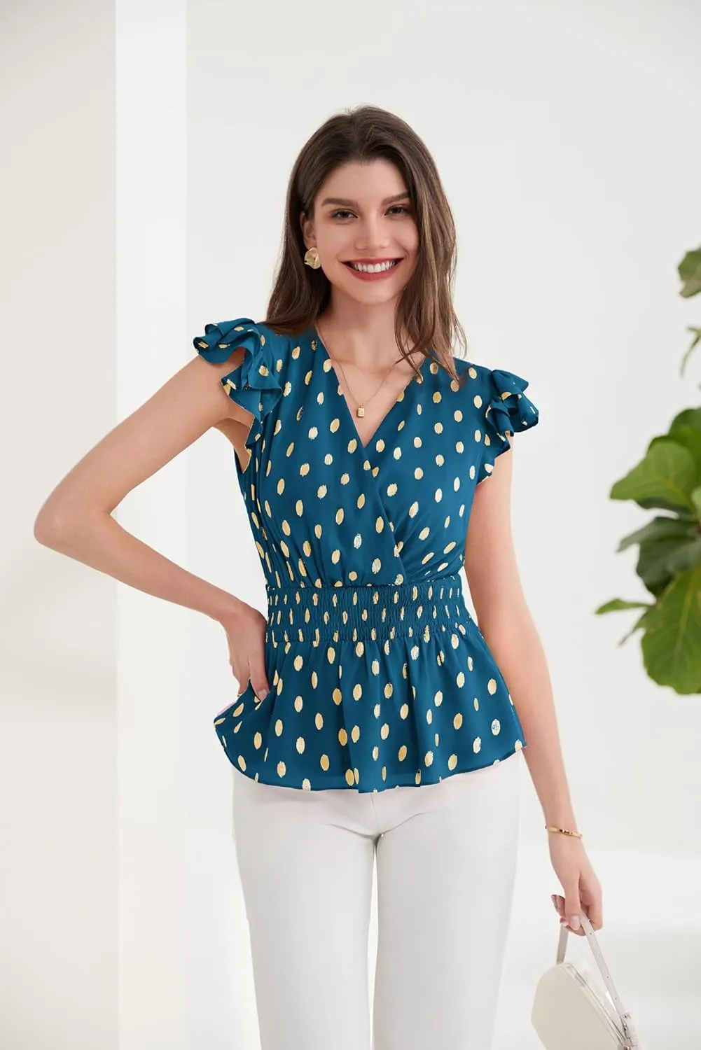 GRACE KARIN Peplum Tops for Women Wrap V Neck Business Casual Blouses Short Sleeve Polka Dot Ruffle Summer Tops Shirts