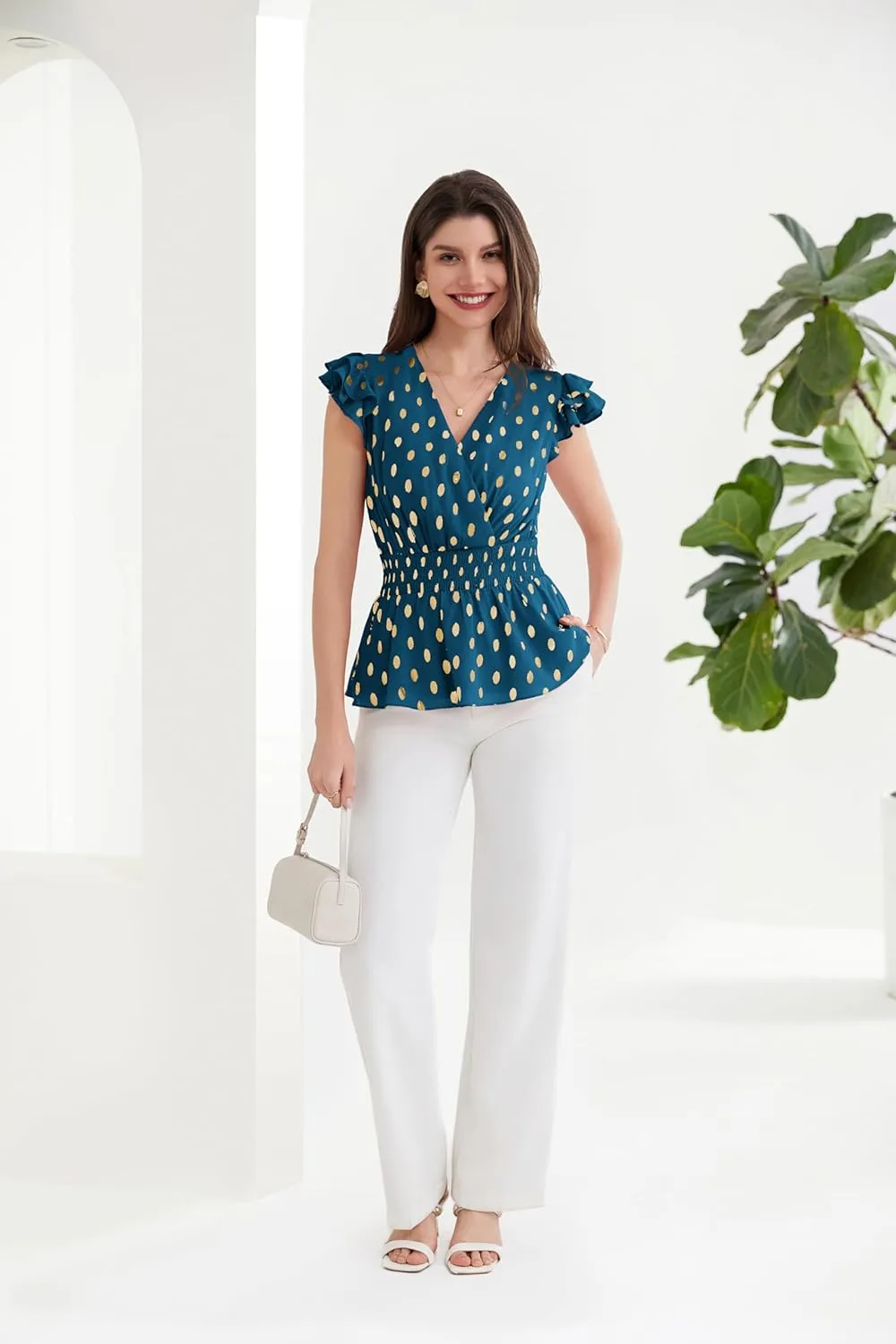 GRACE KARIN Peplum Tops for Women Wrap V Neck Business Casual Blouses Short Sleeve Polka Dot Ruffle Summer Tops Shirts