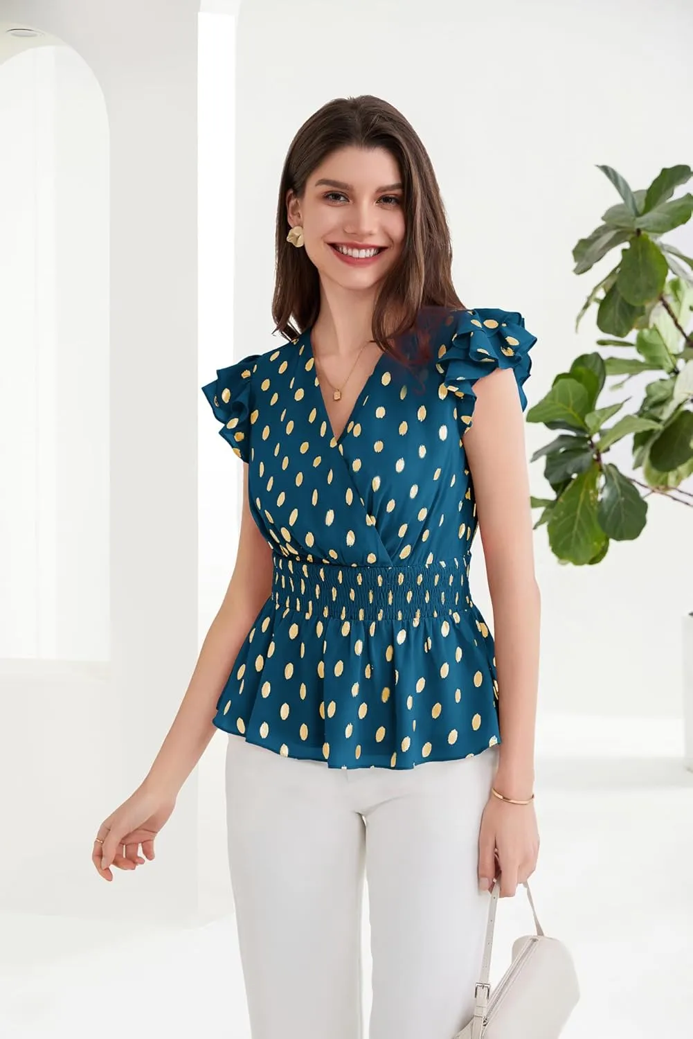 GRACE KARIN Peplum Tops for Women Wrap V Neck Business Casual Blouses Short Sleeve Polka Dot Ruffle Summer Tops Shirts