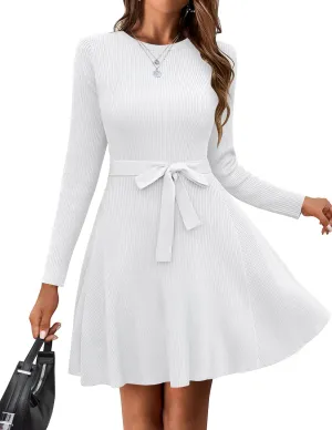 HOTOUCH Women's Fall Winter Casual Dress Crewneck Long Sleeve A-Line Sweater Dress Bodycon Ribbed Knit Dress with Belt