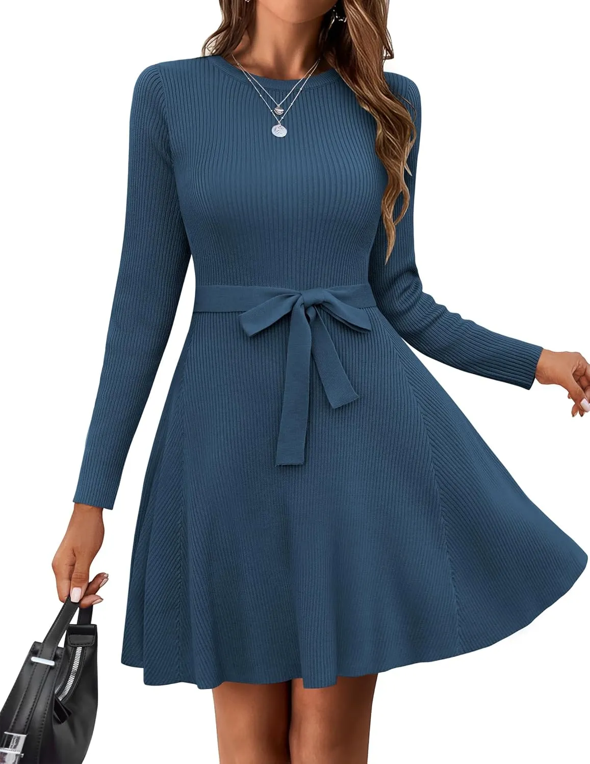 HOTOUCH Women's Fall Winter Casual Dress Crewneck Long Sleeve A-Line Sweater Dress Bodycon Ribbed Knit Dress with Belt
