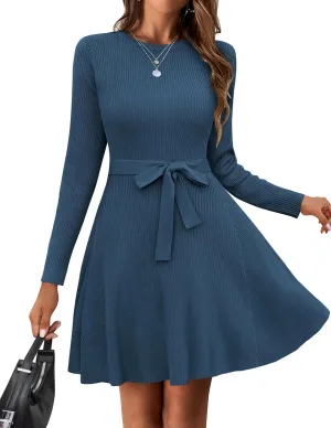HOTOUCH Women's Fall Winter Casual Dress Crewneck Long Sleeve A-Line Sweater Dress Bodycon Ribbed Knit Dress with Belt