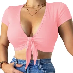 LCNBA Deep V Neck Short Sleeve Crop Top,Bandage Cross Wrap Tie Up Crop Tops
