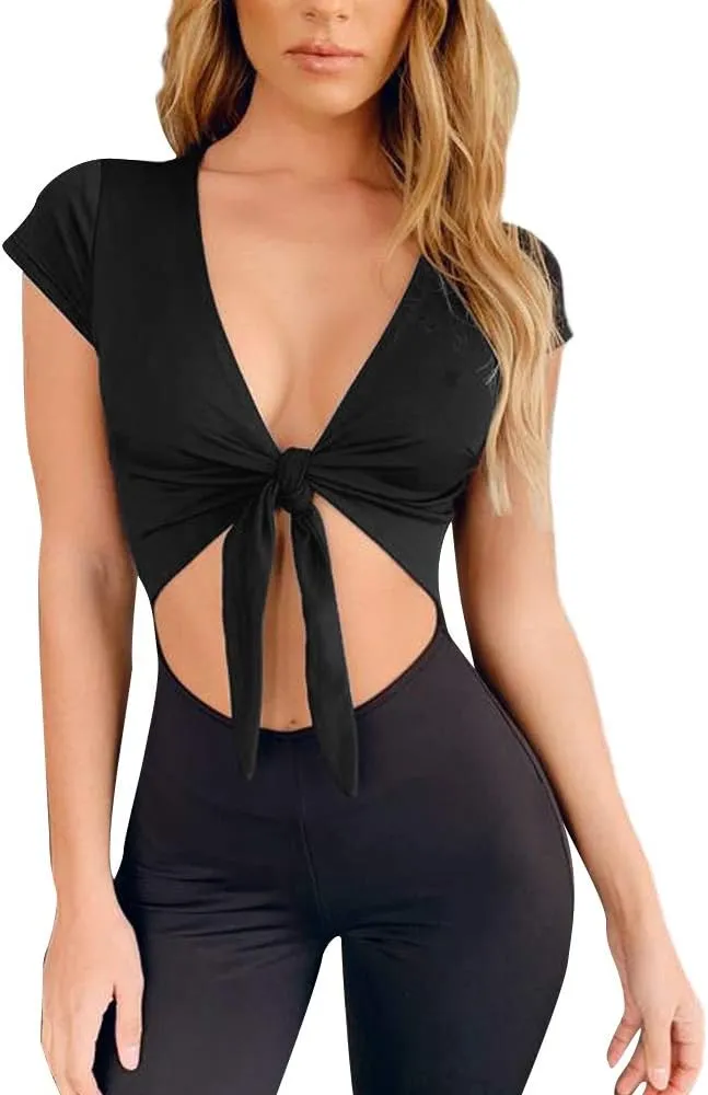 LCNBA Deep V Neck Short Sleeve Crop Top,Bandage Cross Wrap Tie Up Crop Tops