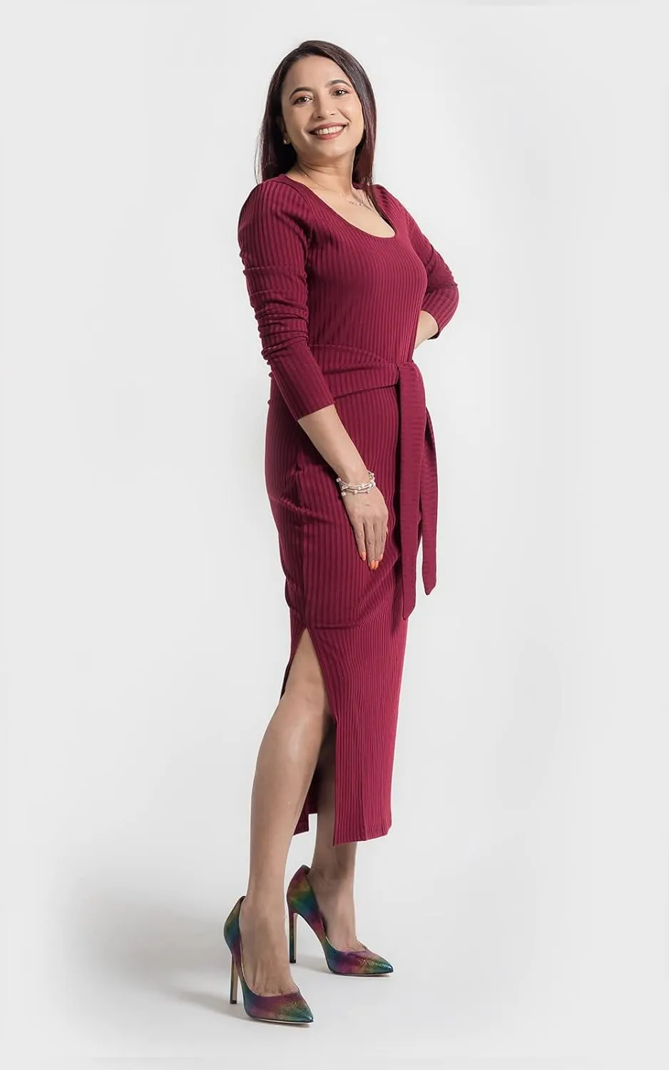 PRETTYGARDEN Women's Long Sleeve Square Neck Slit Bodycon Sweater Dress Tie Waist Ribbed Slim Fit Knit Midi Dress