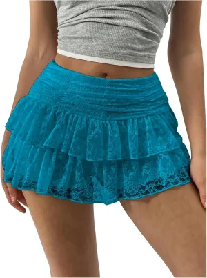 SHENHE Women's Y2k Lace Layered Mini Skirt Ruched A Line Cute Tiered Ruffle Skirt