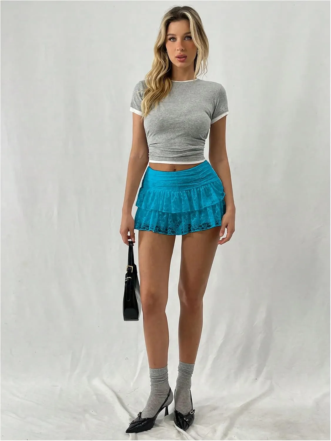 SHENHE Women's Y2k Lace Layered Mini Skirt Ruched A Line Cute Tiered Ruffle Skirt