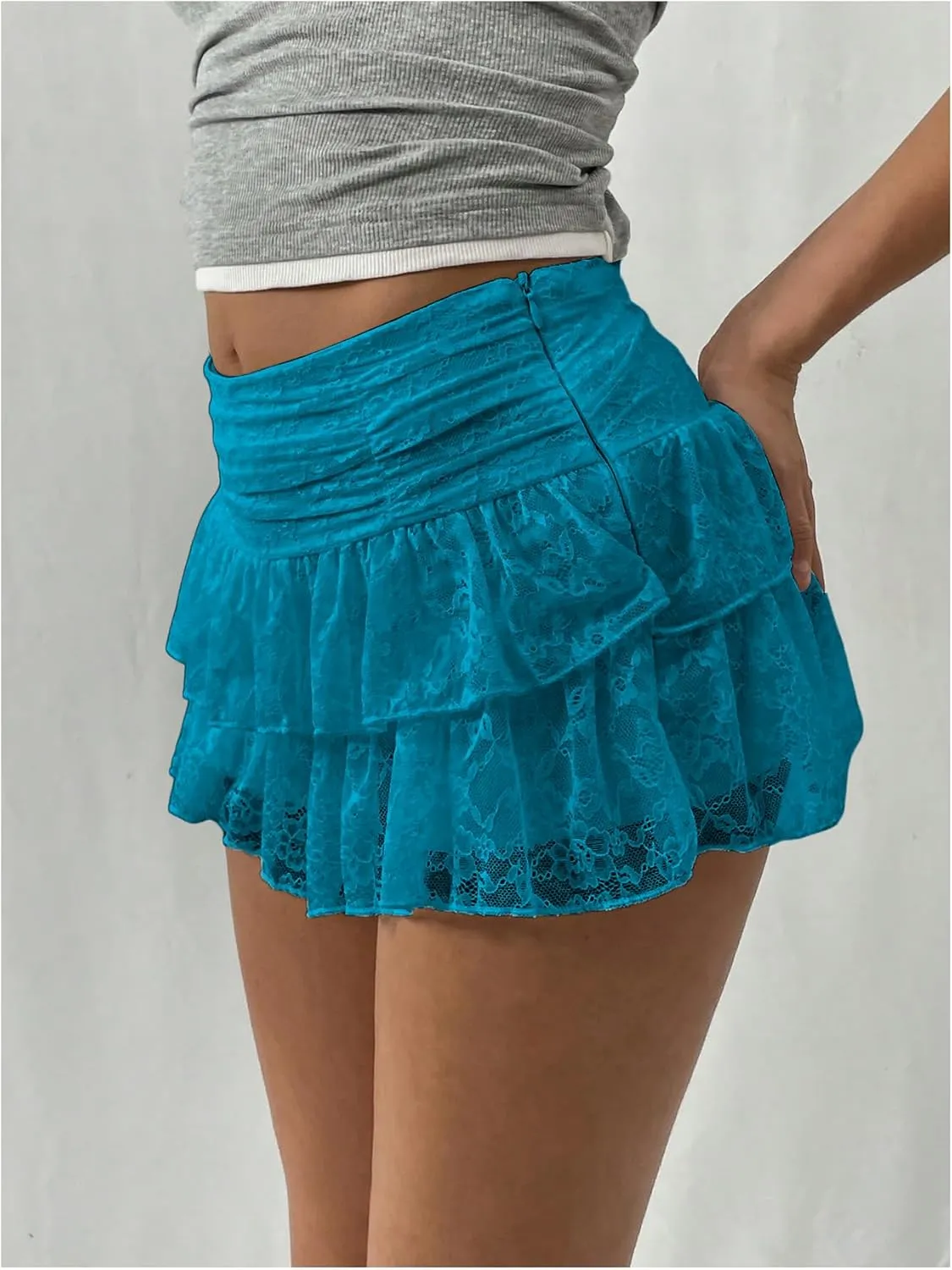 SHENHE Women's Y2k Lace Layered Mini Skirt Ruched A Line Cute Tiered Ruffle Skirt