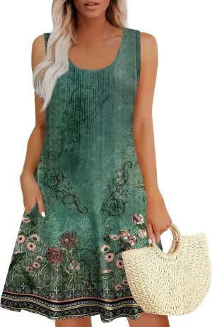 Summer Dresses for Women Beach Vacation Dress with Pocket V Neck 2025 Sundress Printed Sleeveless Swimsuit Coverup