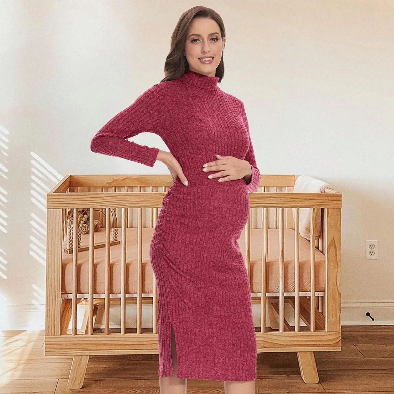 Turtleneck Maternity Dress Rib Knit Long Sleeve Photoshoot Baby Shower Dress Side Ruched Slit Pregnancy Sweater Dress