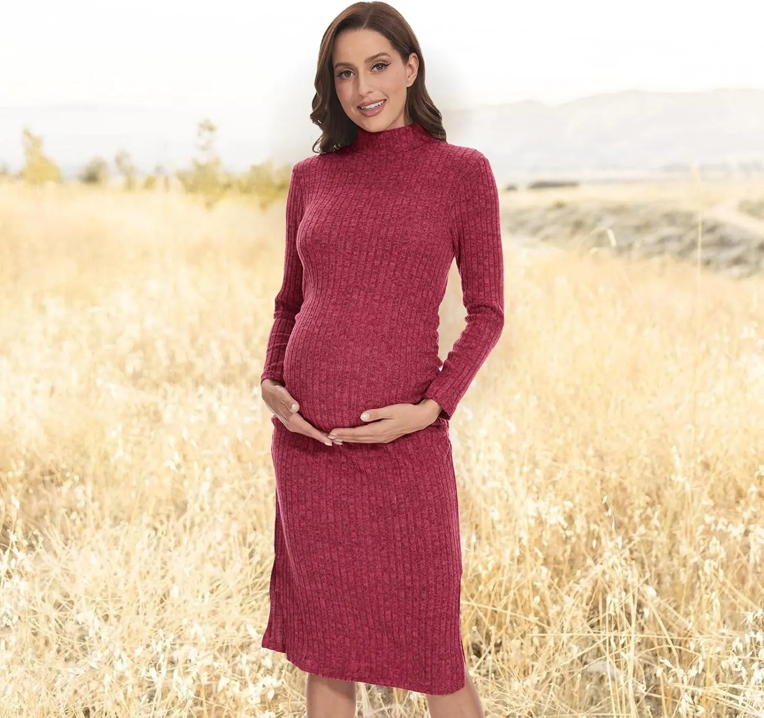 Turtleneck Maternity Dress Rib Knit Long Sleeve Photoshoot Baby Shower Dress Side Ruched Slit Pregnancy Sweater Dress