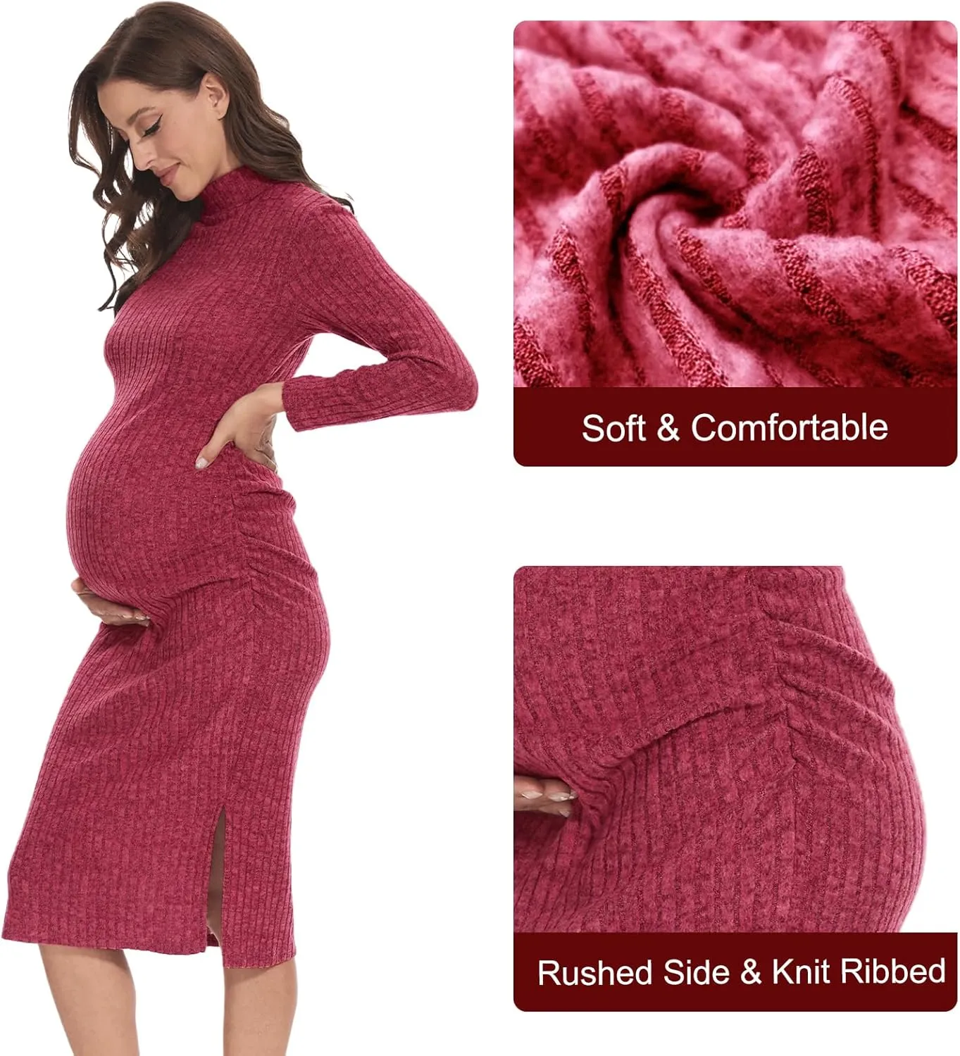 Turtleneck Maternity Dress Rib Knit Long Sleeve Photoshoot Baby Shower Dress Side Ruched Slit Pregnancy Sweater Dress
