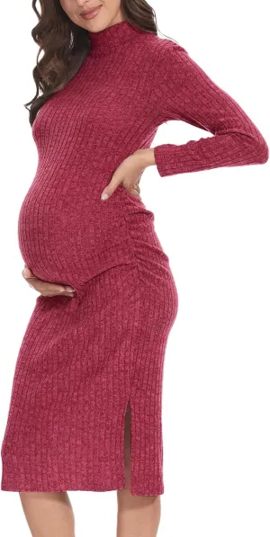 Turtleneck Maternity Dress Rib Knit Long Sleeve Photoshoot Baby Shower Dress Side Ruched Slit Pregnancy Sweater Dress
