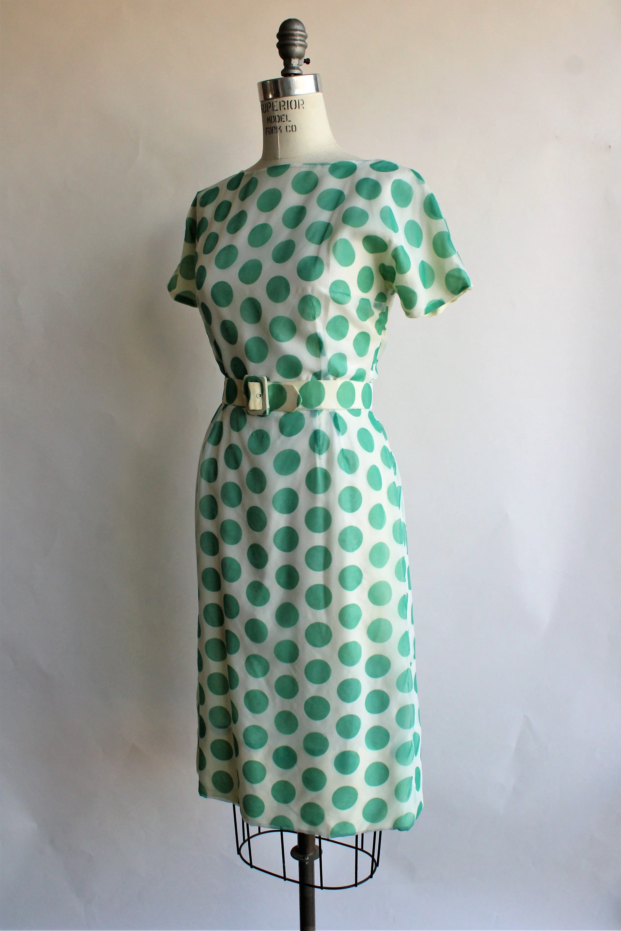 Vintage 1960s Green Polka Dot Dress With Belt
