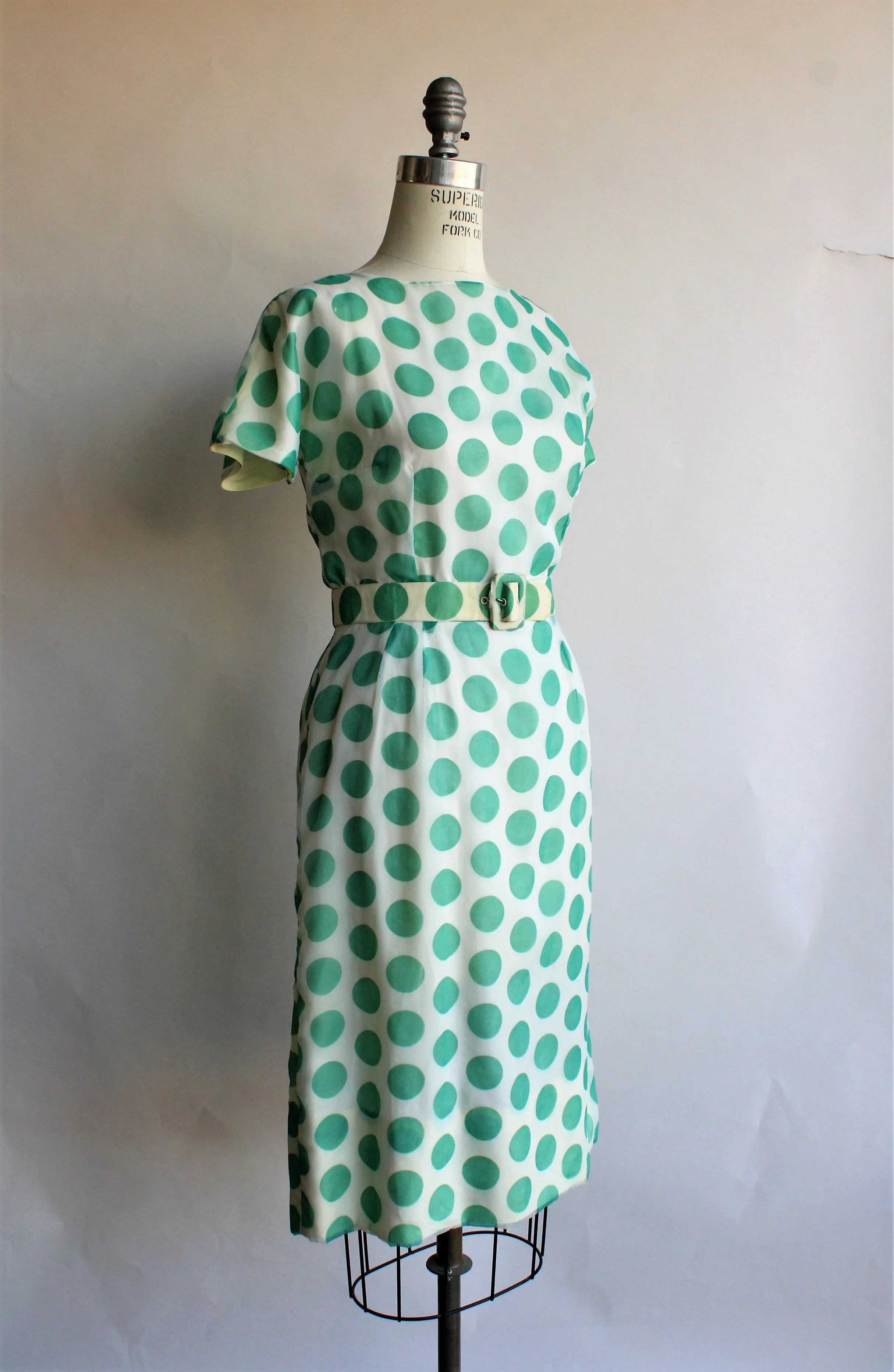 Vintage 1960s Green Polka Dot Dress With Belt