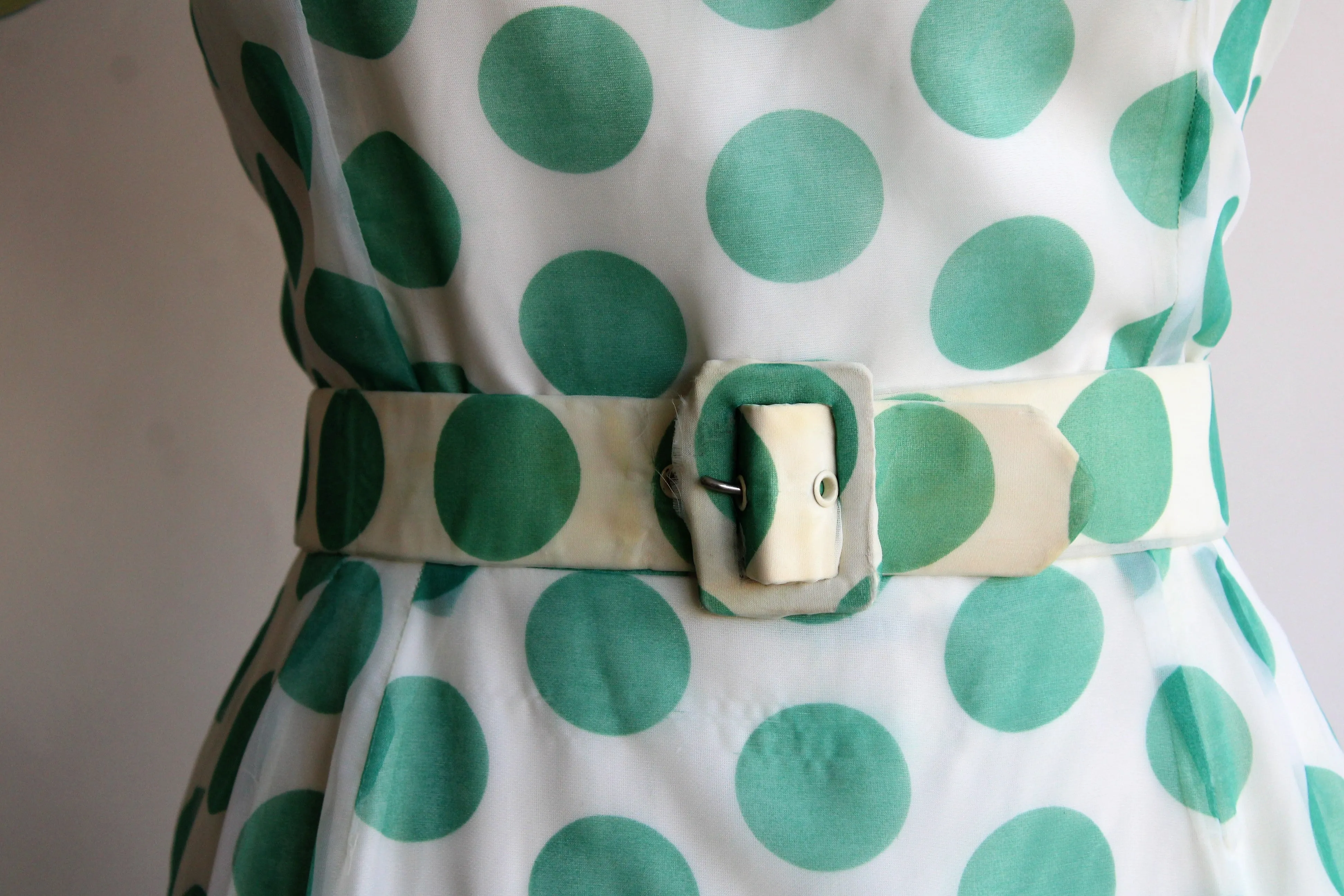 Vintage 1960s Green Polka Dot Dress With Belt