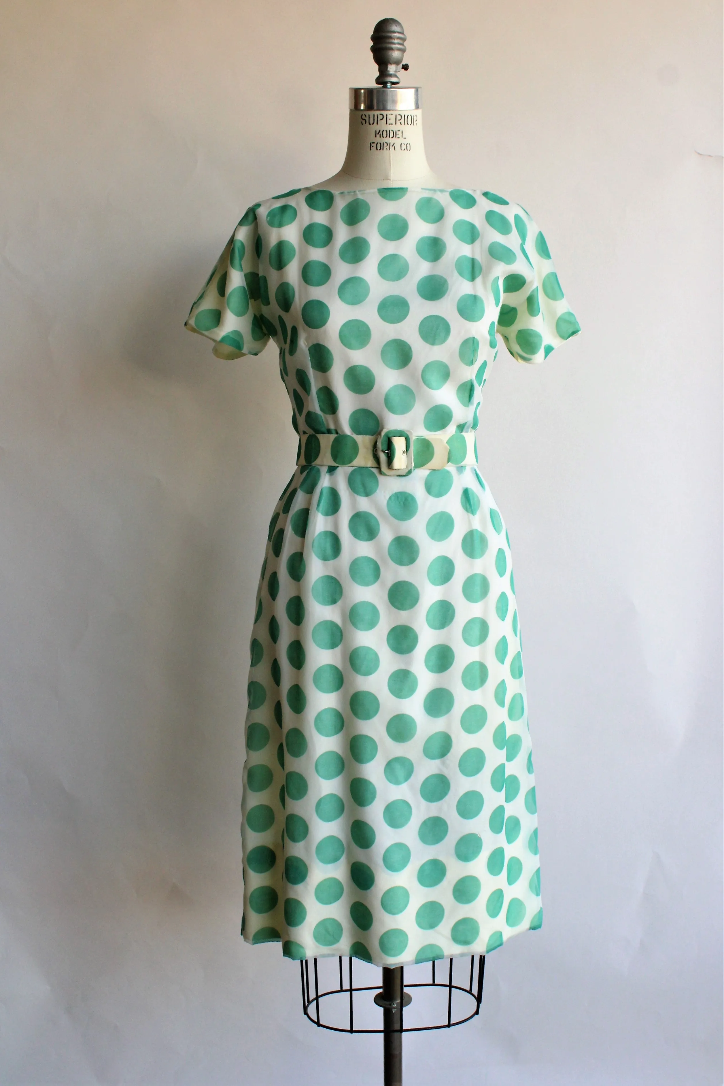 Vintage 1960s Green Polka Dot Dress With Belt
