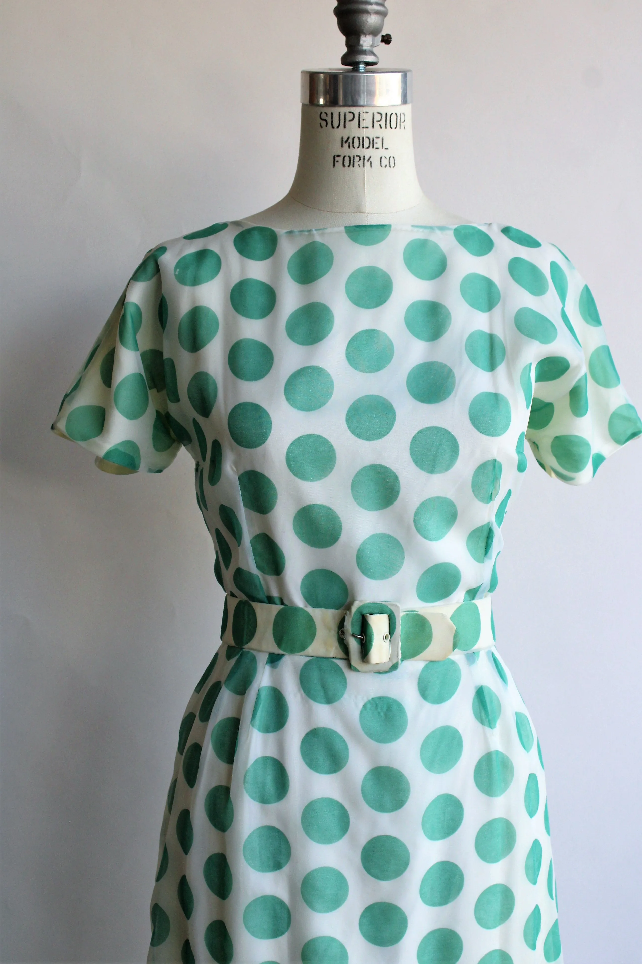 Vintage 1960s Green Polka Dot Dress With Belt