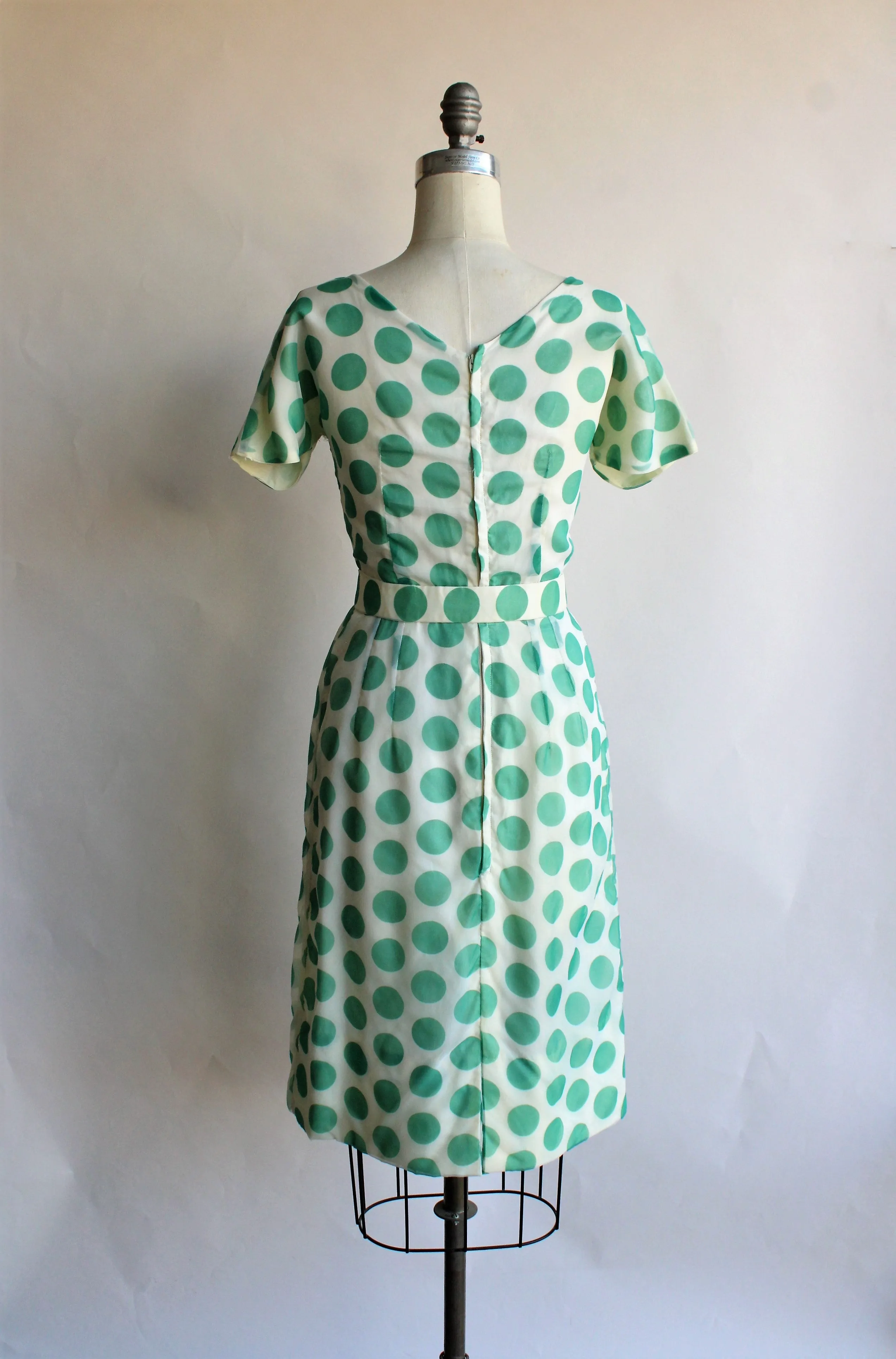 Vintage 1960s Green Polka Dot Dress With Belt