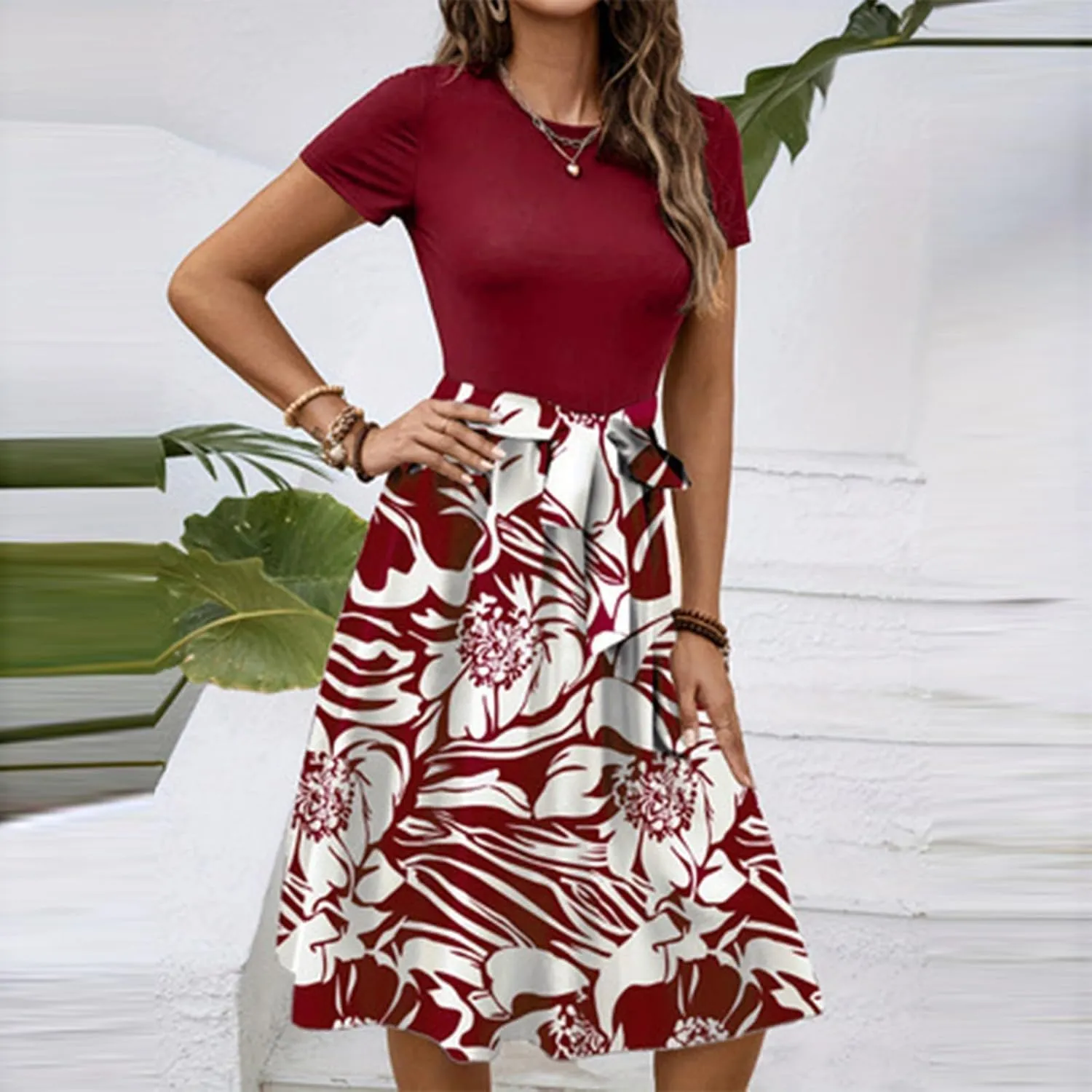 Wedding Guest Dresses for Women Short Sleeve Floral Sundress Elegant Boho Tie Belted Empire Waist Ruffle Hem Flowy Dress